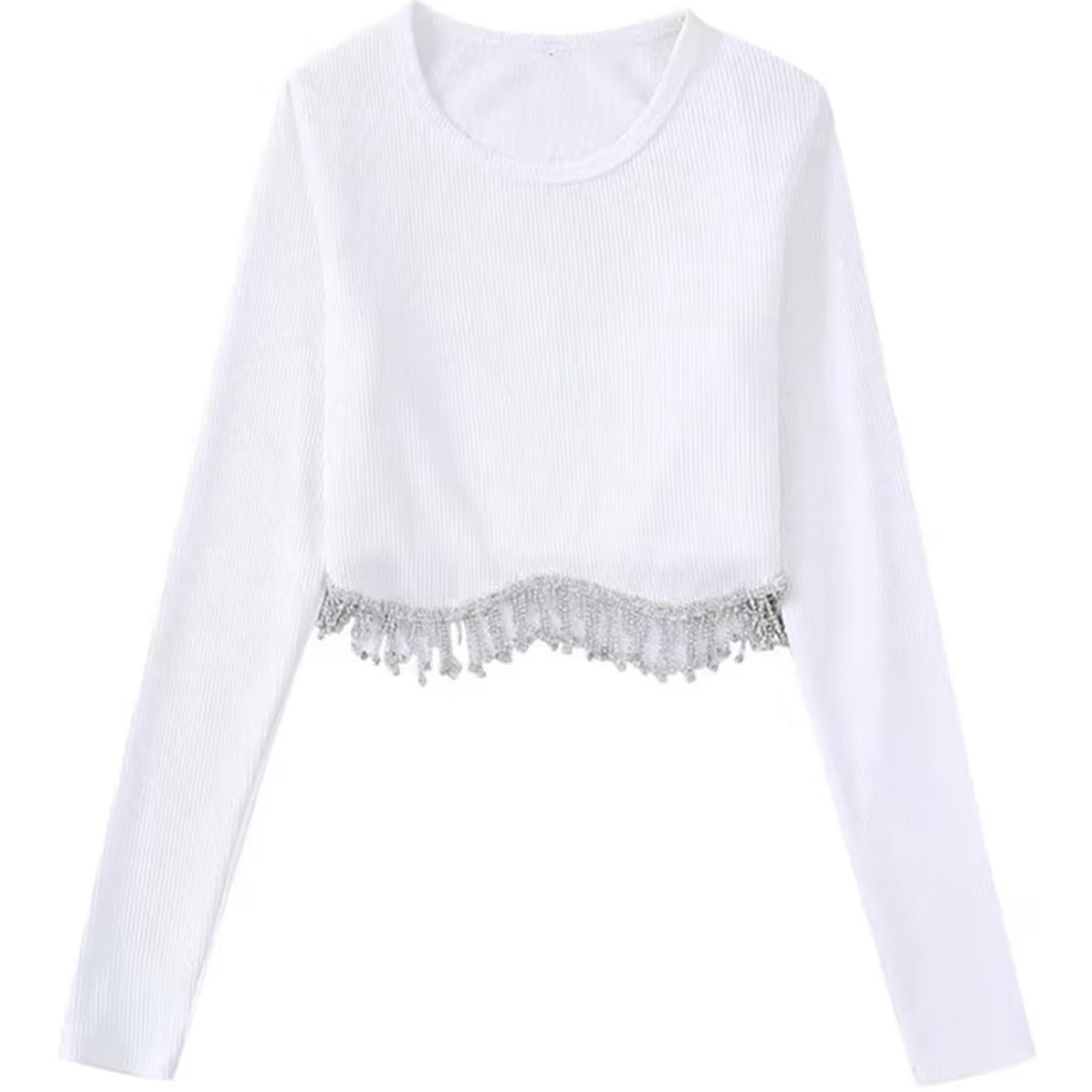 Elegant White Fringe Long Sleeve Top